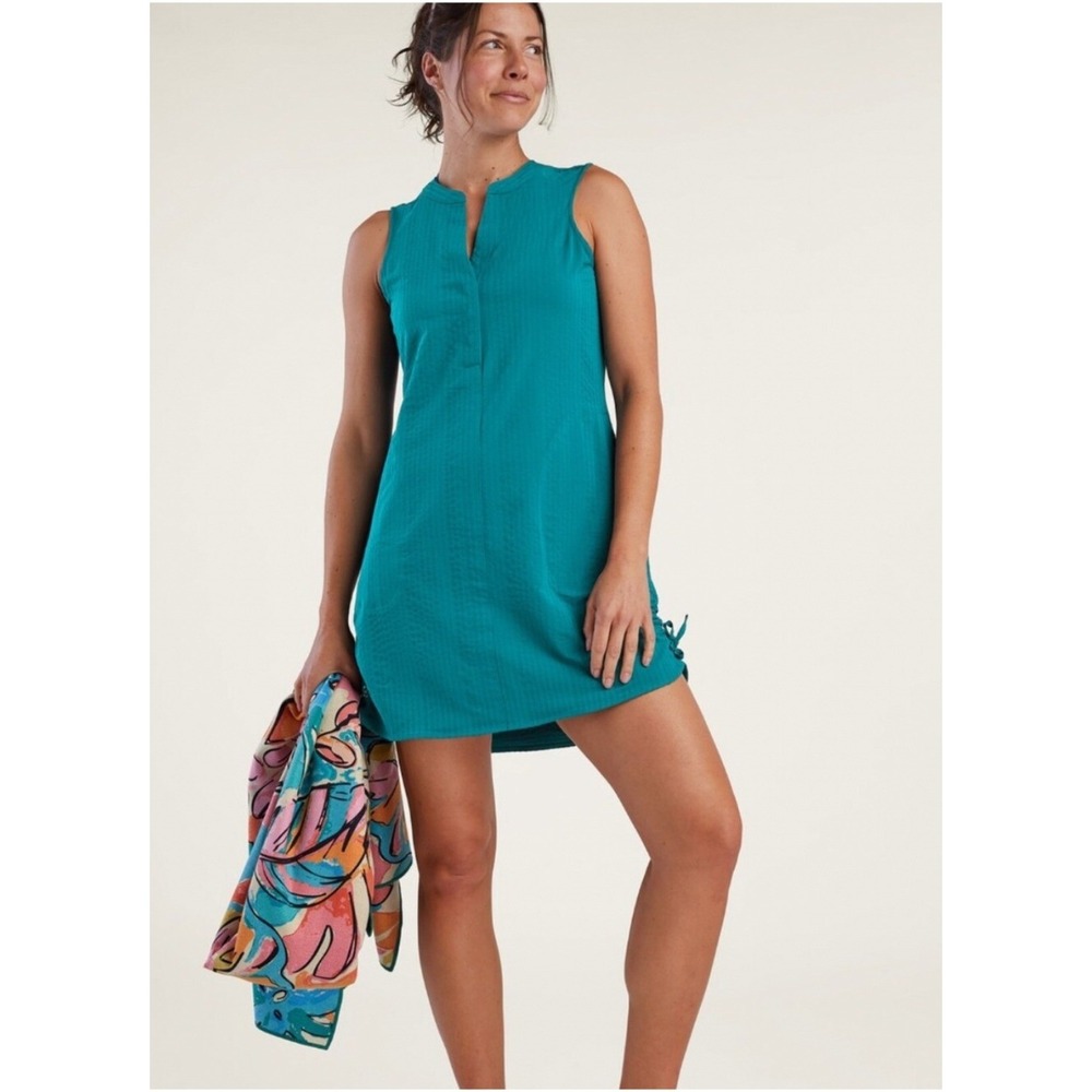 Title Nine Speed Racer Tunic Dress Women L Teal Sleeveless Cinch Side Pockets